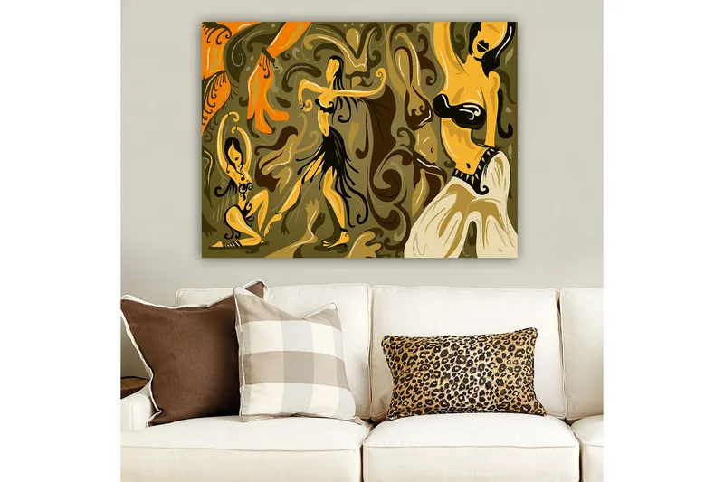 Lerretsbilde 70x100 cm - Abstrakt dansemotiv med kvinnelige figurer i livlige positurer - Gull / Brun / Olivengrønn - Innredning - Bilder & kunst - Lerretsbilder