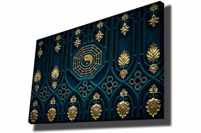 Lerretsbilde 70x100 cm - Abstrakt design med yin-yang-symbolet og dekorative elementer i gull og blått - Mørk blå / Gull - Innredning - Bilder & kunst - Lerretsbilder