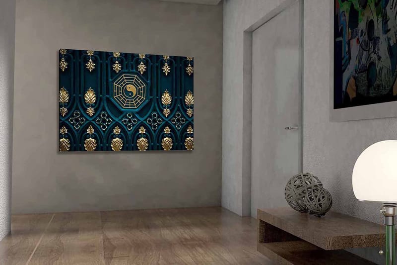 Lerretsbilde 70x100 cm - Abstrakt design med yin-yang-symbolet og dekorative elementer i gull og blått, Mørk blå / Gull