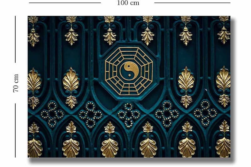 Lerretsbilde 70x100 cm - Abstrakt design med yin-yang-symbolet og dekorative elementer i gull og blått - Mørk blå / Gull - Innredning - Bilder & kunst - Lerretsbilder