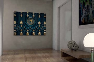 Lerretsbilde 70x100 cm - Abstrakt design med yin-yang-symbolet og dekorative elementer i gull og blått - Mørk blå / Gull - Innredning - Bilder & kunst - Lerretsbilder