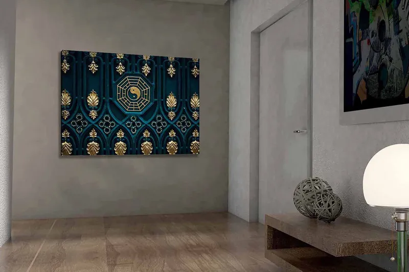 Lerretsbilde 70x100 cm - Abstrakt design med yin-yang-symbolet og dekorative elementer i gull og blått, Mørk blå / Gull