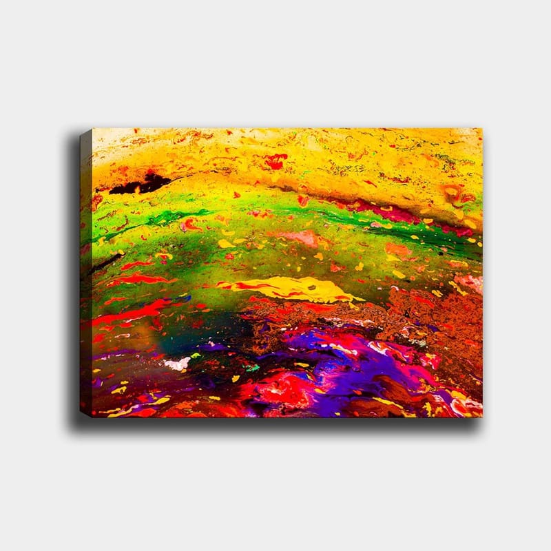 Lerretsbilde 70x100 cm - Abstrakt fargeeksplosjon med dynamiske mønstre og livlige fargetoner, Gul / Grønn / Rød