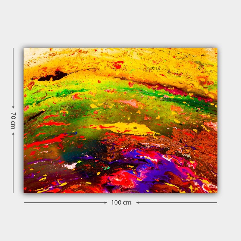 Lerretsbilde 70x100 cm - Abstrakt fargeeksplosjon med dynamiske mønstre og livlige fargetoner - Gul / Grønn / Rød - Innredning - Bilder & kunst - Lerretsbilder