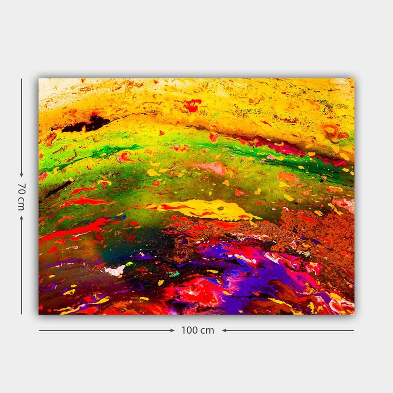 Lerretsbilde 70x100 cm - Abstrakt fargeeksplosjon med dynamiske mønstre og livlige fargetoner - Gul / Grønn / Rød - Innredning - Bilder & kunst - Lerretsbilder