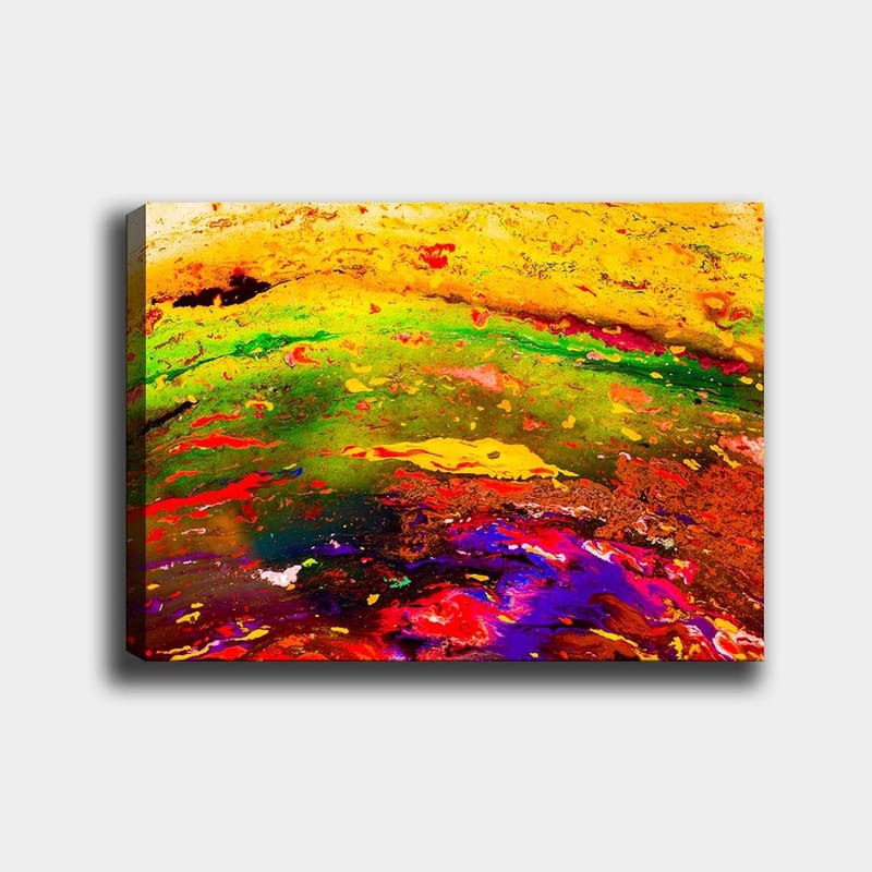 Lerretsbilde 70x100 cm - Abstrakt fargeeksplosjon med dynamiske mønstre og livlige fargetoner, Gul / Grønn / Rød