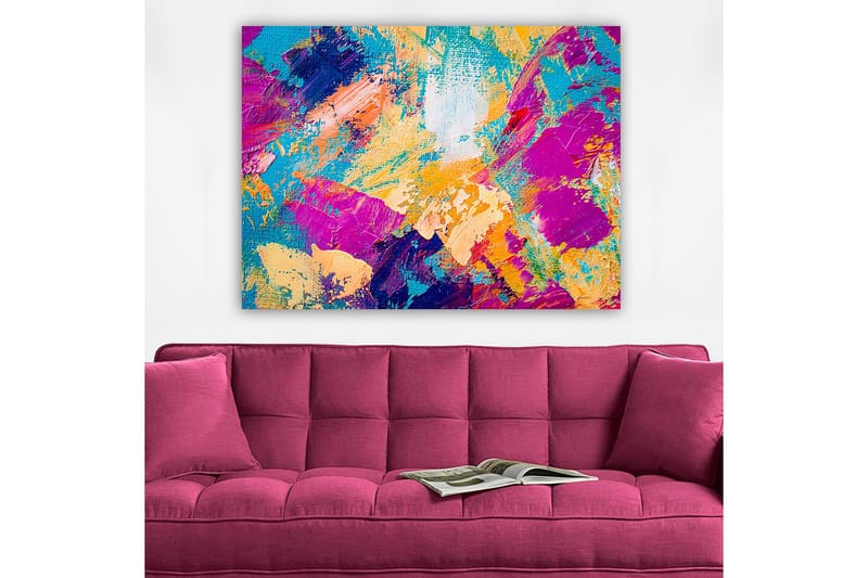 Lerretsbilde 70x100 cm - Abstrakt fargeeksplosjon med livlige fargetoner som skaper en dynamisk følelse - Turkis / Lilla / Oransje - Innredning - Bilder & kunst - Lerretsbilder