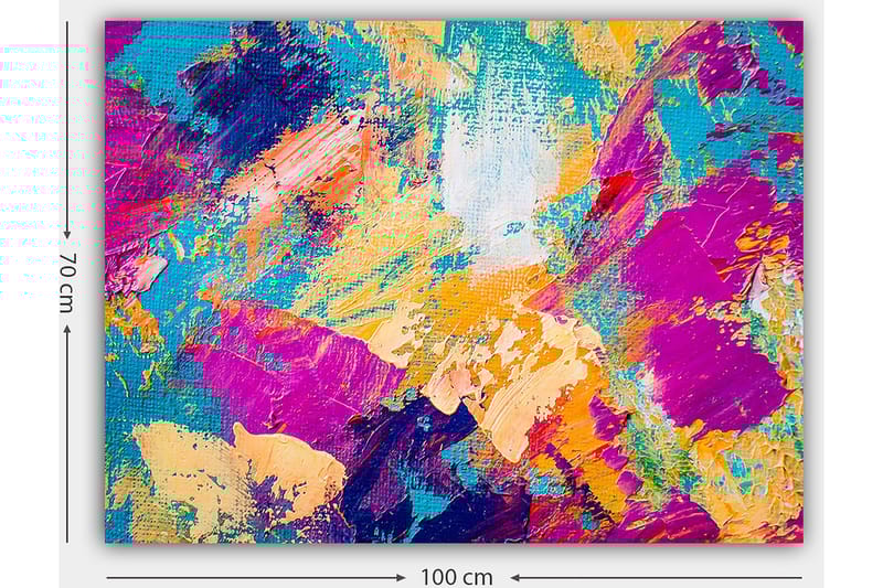 Lerretsbilde 70x100 cm - Abstrakt fargeeksplosjon med livlige fargetoner som skaper en dynamisk følelse - Turkis / Lilla / Oransje - Innredning - Bilder & kunst - Lerretsbilder