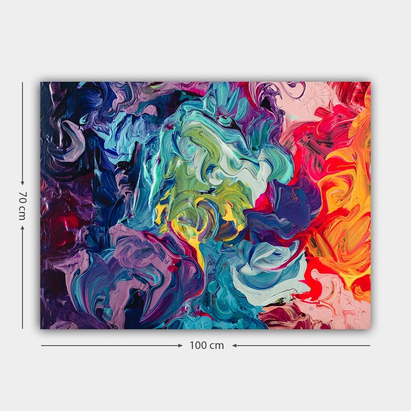 Lerretsbilde 70x100 cm - Abstrakt fargeeksplosjon med virvlende mønstre og dynamiske former - Blå / Grønn / Rød - Innredning - Bilder & kunst - Lerretsbilder