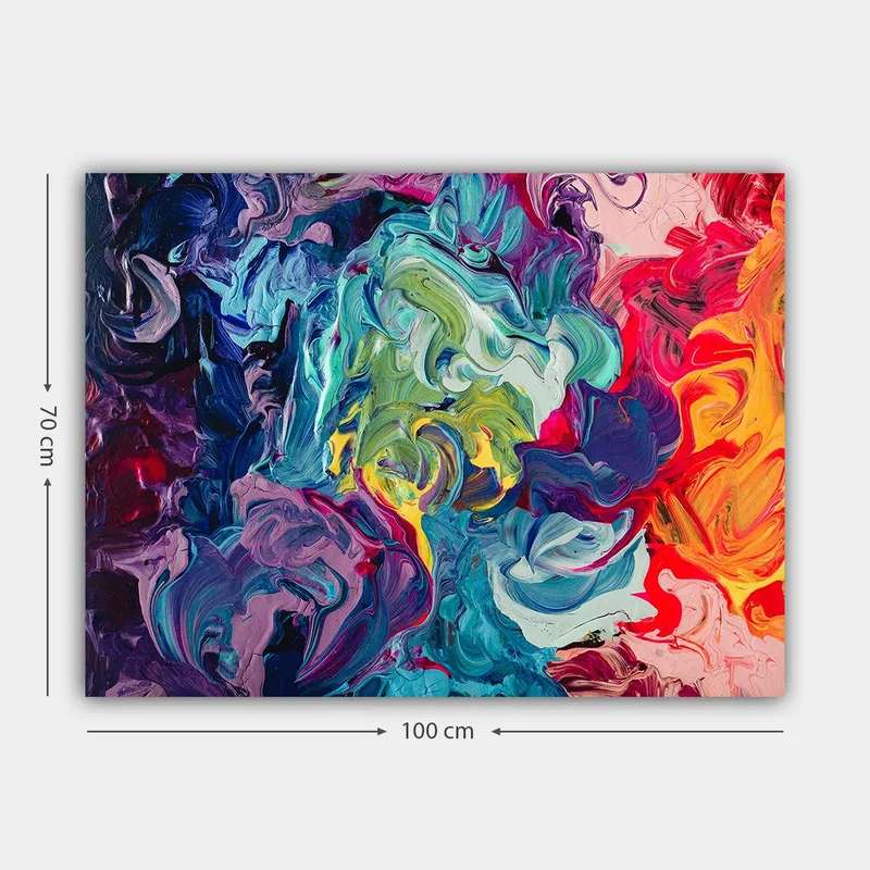 Lerretsbilde 70x100 cm - Abstrakt fargeeksplosjon med virvlende mønstre og dynamiske former - Blå / Grønn / Rød - Innredning - Bilder & kunst - Lerretsbilder