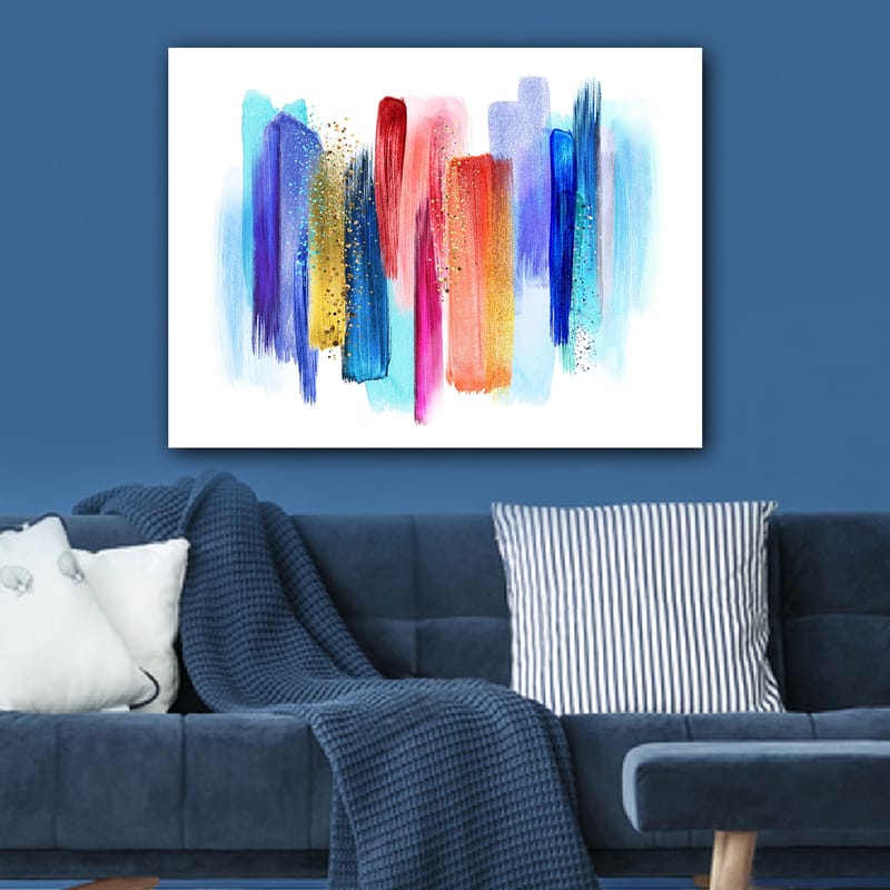 Lerretsbilde 70x100 cm - Abstrakt fargespill med vertikale penselstrøk i livlige nyanser - Blå / Rød / Rosa - Innredning - Bilder & kunst - Lerretsbilder