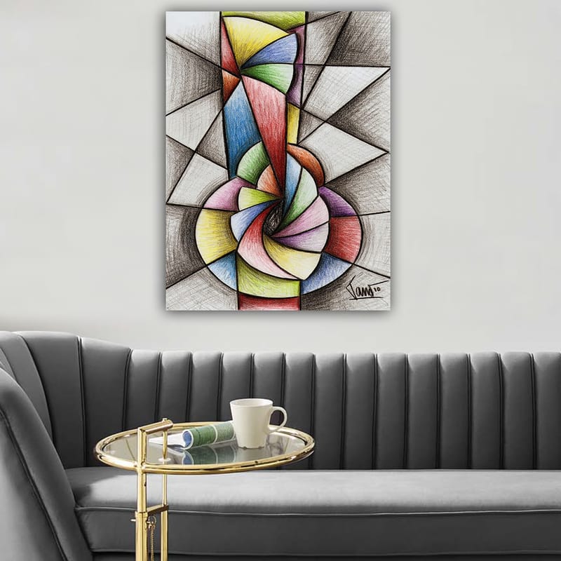 Lerretsbilde 70x100 cm - Abstrakt geometrisk komposisjon med en spiralform som dominerer motivet - Grønn / Blå / Rød - Innredning - Bilder & kunst - Lerretsbilder