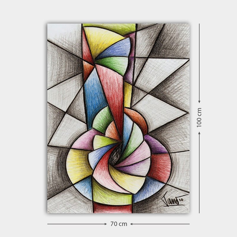Lerretsbilde 70x100 cm - Abstrakt geometrisk komposisjon med en spiralform som dominerer motivet - Grønn / Blå / Rød - Innredning - Bilder & kunst - Lerretsbilder