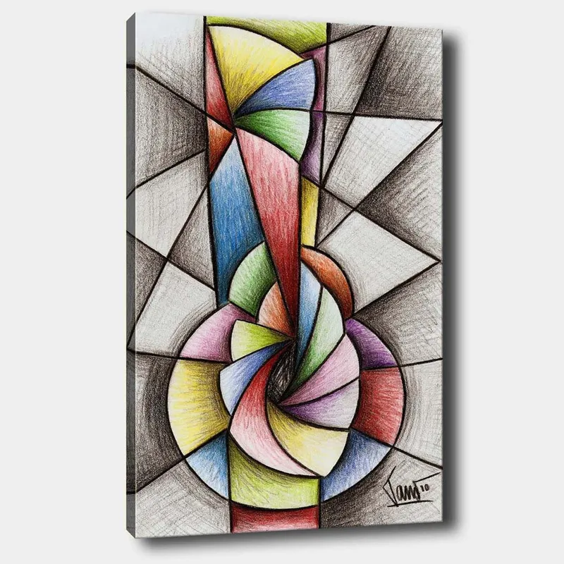 Lerretsbilde 70x100 cm - Abstrakt geometrisk komposisjon med en spiralform som dominerer motivet, Grønn / Blå / Rød