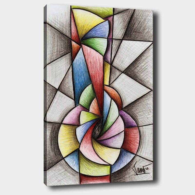 Lerretsbilde 70x100 cm - Abstrakt geometrisk komposisjon med en spiralform som dominerer motivet, Grønn / Blå / Rød