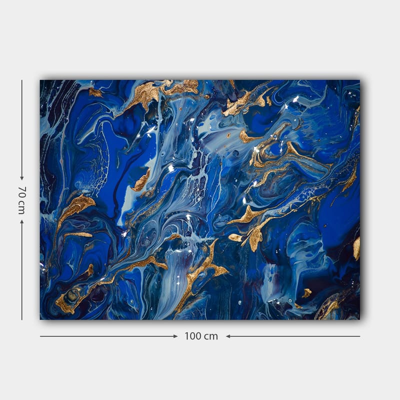 Lerretsbilde 70x100 cm - Abstrakt havmotiv med virvlende blå nyanser og innslag av gull - Mørk blå / Lys blå / Gull - Innredning - Bilder & kunst - Lerretsbilder