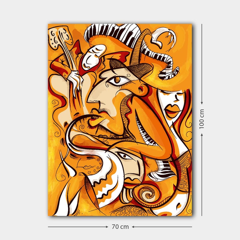 Lerretsbilde 70x100 cm - Abstrakt komposisjon av ansikter og former i varme oransje nyanser - Oransje / Hvit / Svart - Innredning - Bilder & kunst - Lerretsbilder