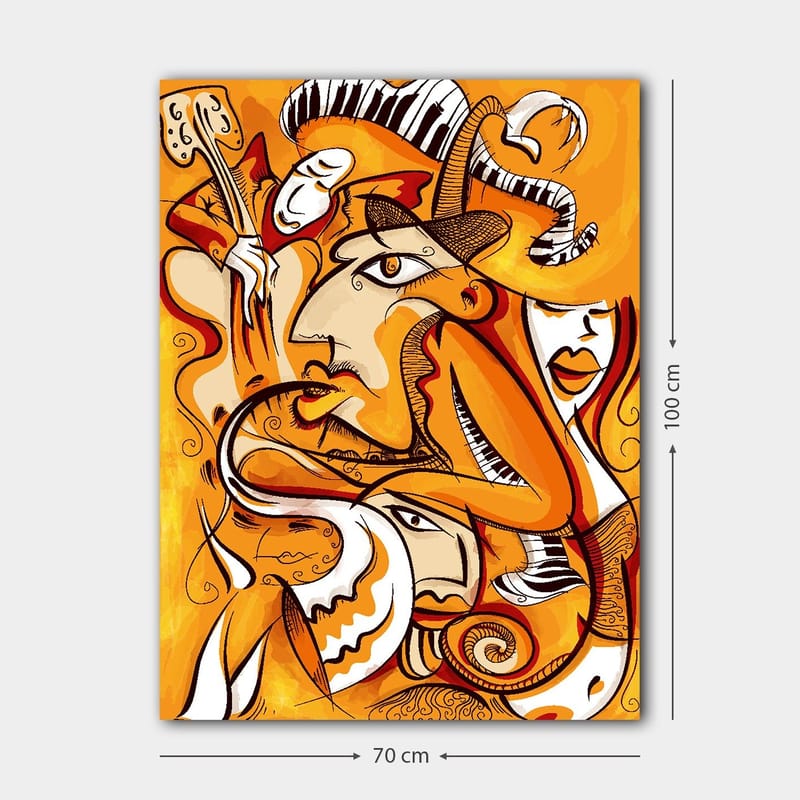 Lerretsbilde 70x100 cm - Abstrakt komposisjon av ansikter og former i varme oransje nyanser - Oransje / Hvit / Svart - Innredning - Bilder & kunst - Lerretsbilder