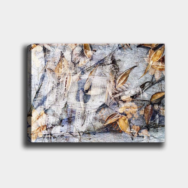 Lerretsbilde 70x100 cm - Abstrakt komposisjon av blader og avispapir som skaper en følelse av natur og tidens gang, Grå / Beige / Brun