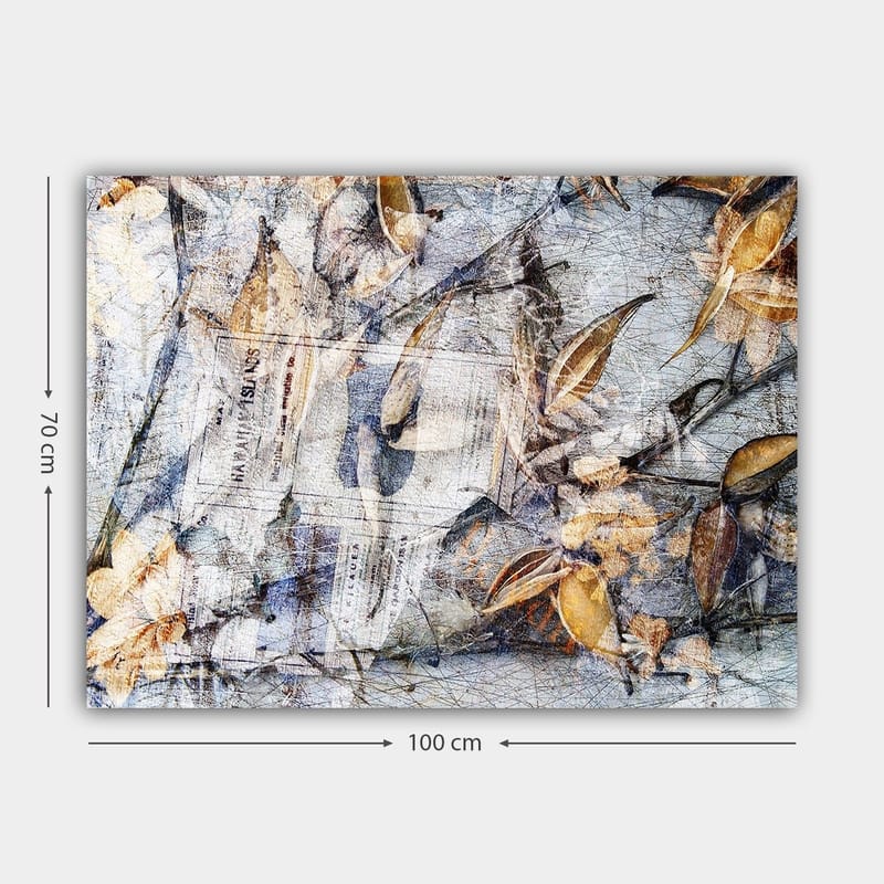 Lerretsbilde 70x100 cm - Abstrakt komposisjon av blader og avispapir som skaper en følelse av natur og tidens gang - Grå / Beige / Brun - Innredning - Bilder & kunst - Lerretsbilder