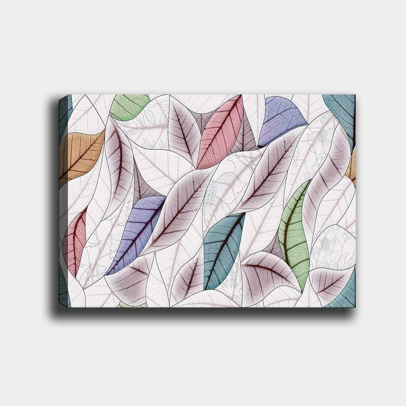 Lerretsbilde 70x100 cm - Abstrakt komposisjon av fargerike blader i forskjellige former og nyanser, Grønn / Rød / Blå