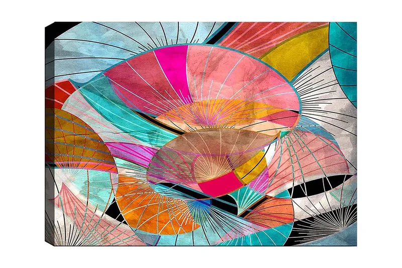 Lerretsbilde 70x100 cm - Abstrakt komposisjon av fargerike former som minner om blader eller skjermer, Rosa / Turkis / Oransje