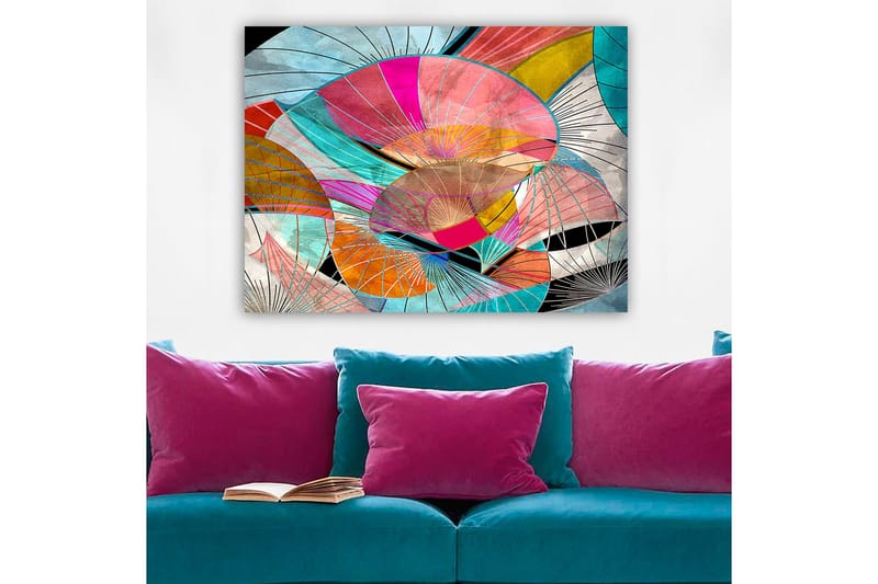 Lerretsbilde 70x100 cm - Abstrakt komposisjon av fargerike former som minner om blader eller skjermer - Rosa / Turkis / Oransje - Innredning - Bilder & kunst - Lerretsbilder