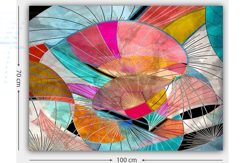 Lerretsbilde 70x100 cm - Abstrakt komposisjon av fargerike former som minner om blader eller skjermer - Rosa / Turkis / Oransje - Innredning - Bilder & kunst - Lerretsbilder