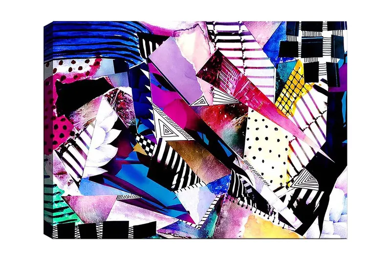 Lerretsbilde 70x100 cm - Abstrakt komposisjon av fargerike geometriske former og mønstre, Lilla / Blå / Svart