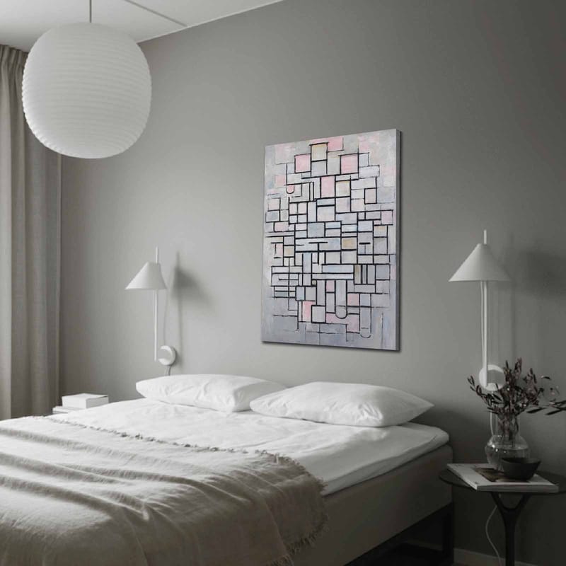 Lerretsbilde 70x100 cm - Abstrakt komposisjon av geometriske former i myke nyanser, Lys grå / Rosa / Svart