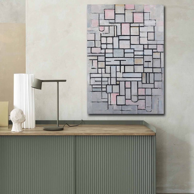 Lerretsbilde 70x100 cm - Abstrakt komposisjon av geometriske former i myke nyanser - Lys grå / Rosa / Svart - Innredning - Bilder & kunst - Lerretsbilder