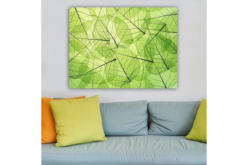 Lerretsbilde 70x100 cm - Abstrakt komposisjon av gjennomsiktige blader i forskjellige grønnfarger - Lys grønn / Mørkegrønn / Svart - Innredning - Bilder & kunst - Lerretsbilder
