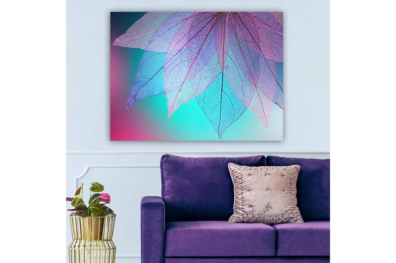 Lerretsbilde 70x100 cm - Abstrakt komposisjon av gjennomsiktige blader med en harmonisk fargepalett - Lilla / Turkis / Rosa - Innredning - Bilder & kunst - Lerretsbilder