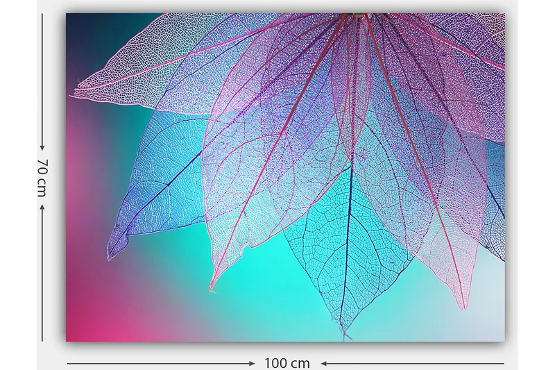 Lerretsbilde 70x100 cm - Abstrakt komposisjon av gjennomsiktige blader med en harmonisk fargepalett - Lilla / Turkis / Rosa - Innredning - Bilder & kunst - Lerretsbilder