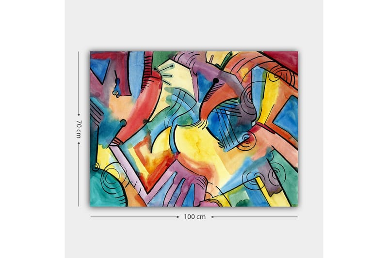 Lerretsbilde 70x100 cm - Abstrakt komposisjon av hender og former som symboliserer samhørighet og bevegelse - Rød / Blå / Gul - Innredning - Bilder & kunst - Lerretsbilder