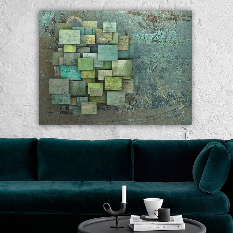 Lerretsbilde 70x100 cm - Abstrakt komposisjon av overlappende firkanter i forskjellige nyanser av grønt og blått - Grønn / Turkis / Blå - Innredning - Bilder & kunst - Lerretsbilder
