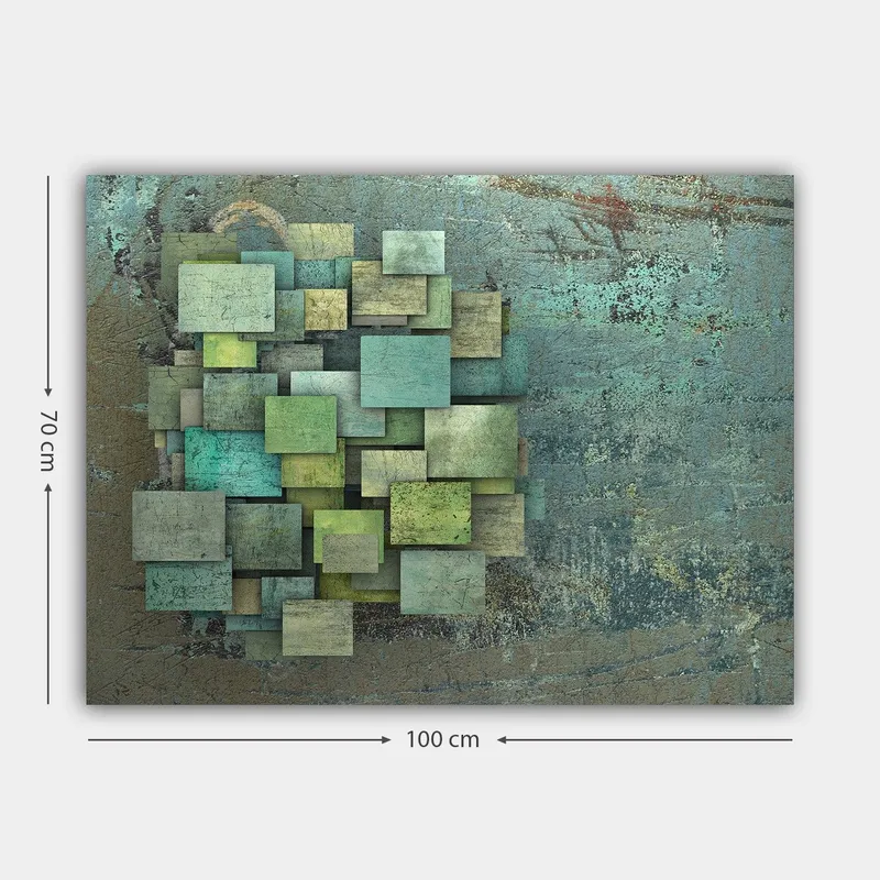 Lerretsbilde 70x100 cm - Abstrakt komposisjon av overlappende firkanter i forskjellige nyanser av grønt og blått - Grønn / Turkis / Blå - Innredning - Bilder & kunst - Lerretsbilder