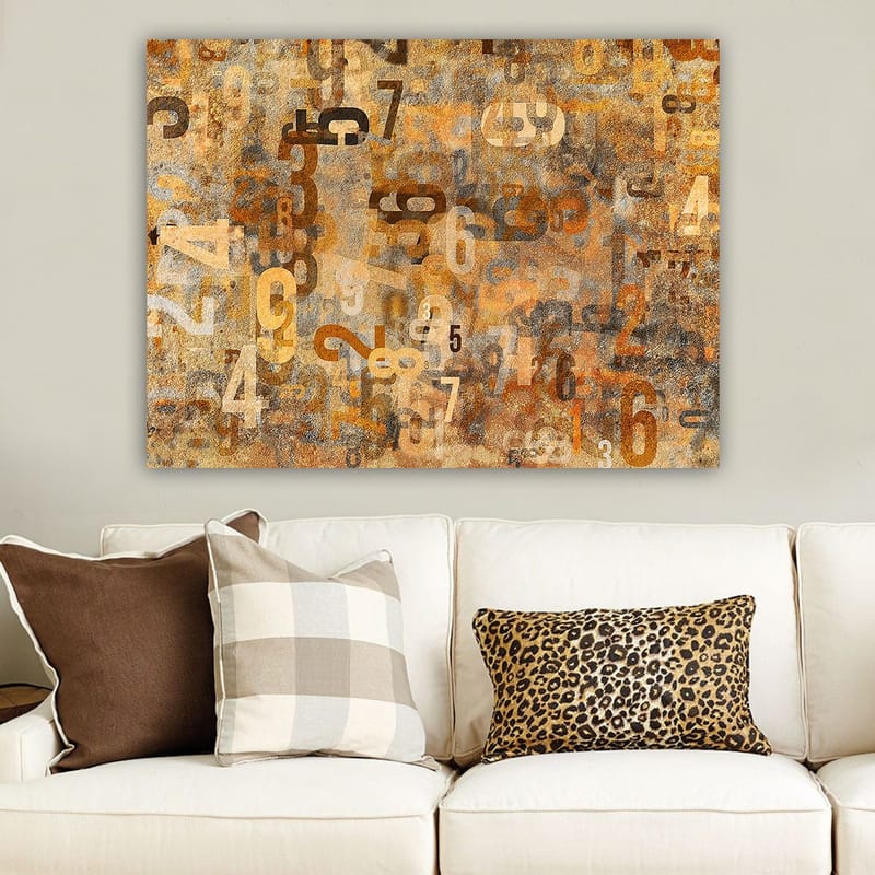 Lerretsbilde 70x100 cm - Abstrakt komposisjon av tall i forskjellige størrelser og nyanser - Oransje / Beige / Brun - Innredning - Bilder & kunst - Lerretsbilder