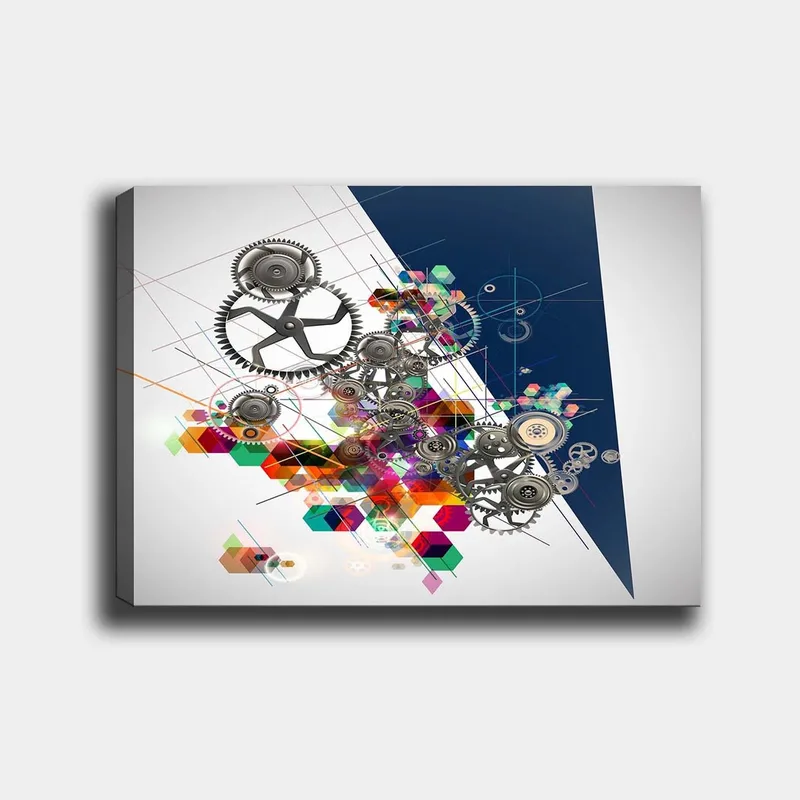 Lerretsbilde 70x100 cm - Abstrakt komposisjon av tannhjul og geometriske former i livlige farger, Grå / Rød / Grønn