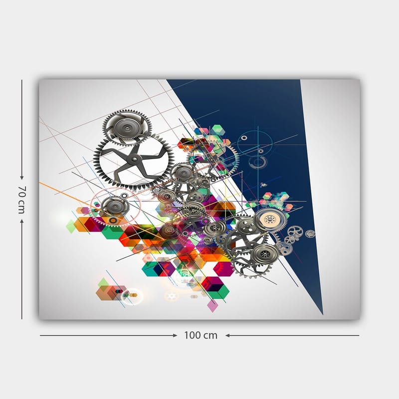 Lerretsbilde 70x100 cm - Abstrakt komposisjon av tannhjul og geometriske former i livlige farger - Grå / Rød / Grønn - Innredning - Bilder & kunst - Lerretsbilder