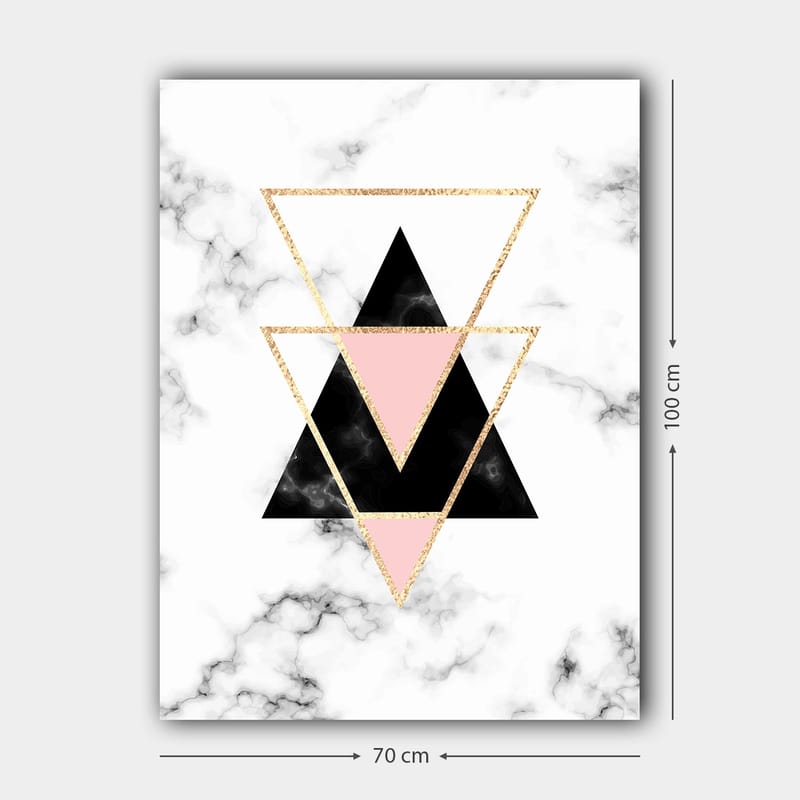 Lerretsbilde 70x100 cm - Abstrakt komposisjon av trekanter i forskjellige farger og former - Svart / Rosa / Gull - Innredning - Bilder & kunst - Lerretsbilder
