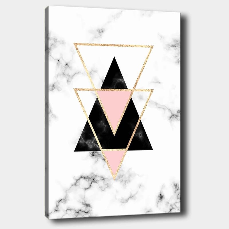 Lerretsbilde 70x100 cm - Abstrakt komposisjon av trekanter i forskjellige farger og former, Svart / Rosa / Gull