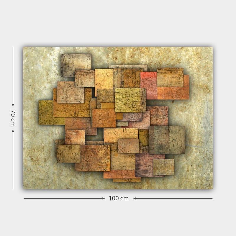 Lerretsbilde 70x100 cm - Abstrakt komposisjon av treplater i forskjellige nyanser som skaper en dynamisk struktur - Gyllenbrun / Oransje / Beige - Innredning - Bilder & kunst - Lerretsbilder