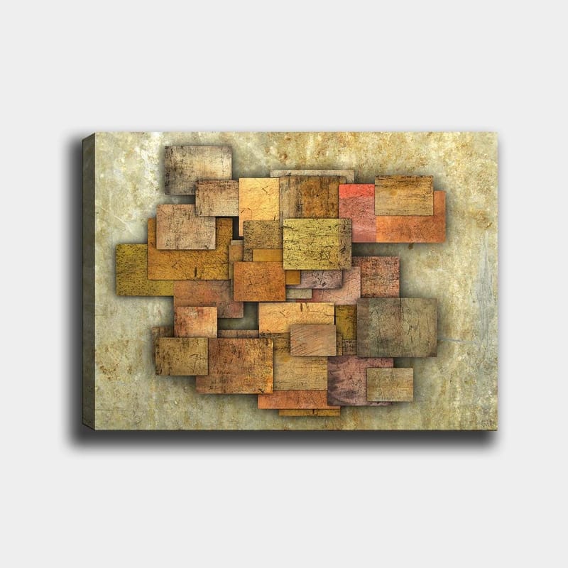 Lerretsbilde 70x100 cm - Abstrakt komposisjon av treplater i forskjellige nyanser som skaper en dynamisk struktur, Gyllenbrun / Oransje / Beige