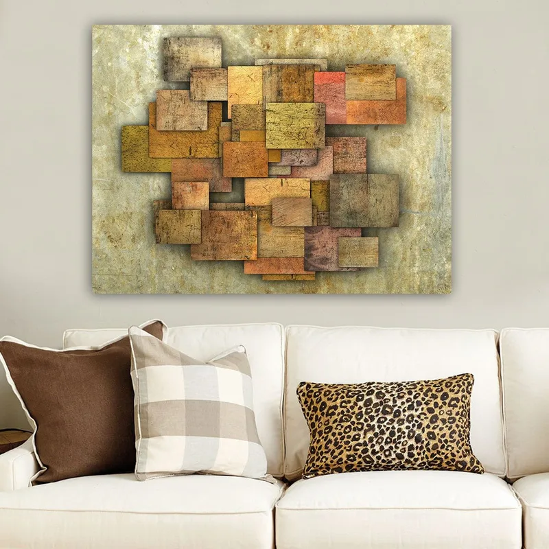 Lerretsbilde 70x100 cm - Abstrakt komposisjon av treplater i forskjellige nyanser som skaper en dynamisk struktur - Gyllenbrun / Oransje / Beige - Innredning - Bilder & kunst - Lerretsbilder