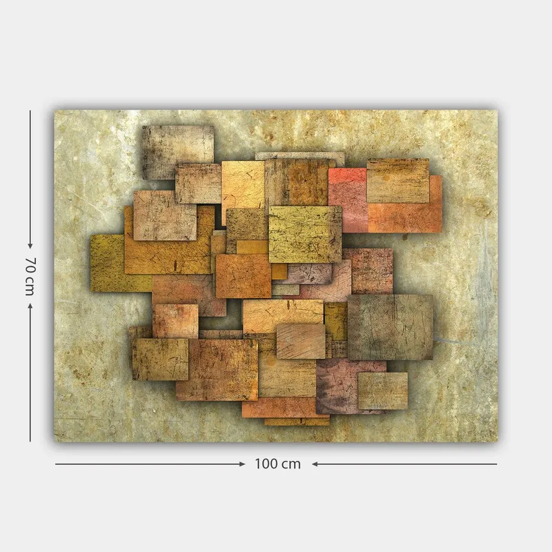 Lerretsbilde 70x100 cm - Abstrakt komposisjon av treplater i forskjellige nyanser som skaper en dynamisk struktur - Gyllenbrun / Oransje / Beige - Innredning - Bilder & kunst - Lerretsbilder