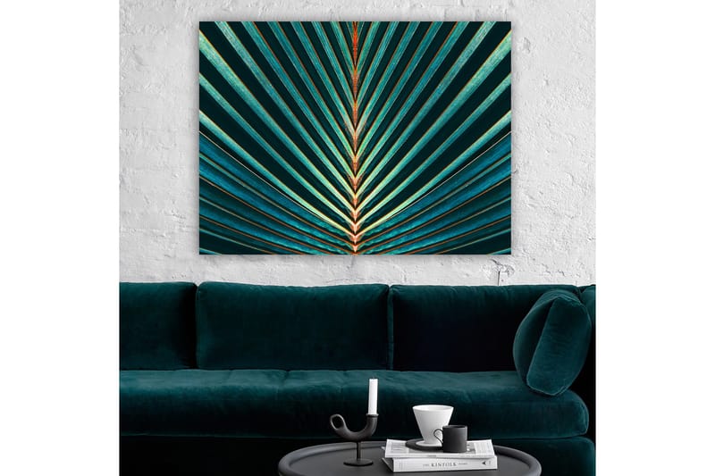 Lerretsbilde 70x100 cm - Abstrakt komposisjon av palmeblader med klare linjer og symmetri - Mørkegrønn / Turkis / Oransje - Innredning - Bilder & kunst - Lerretsbilder