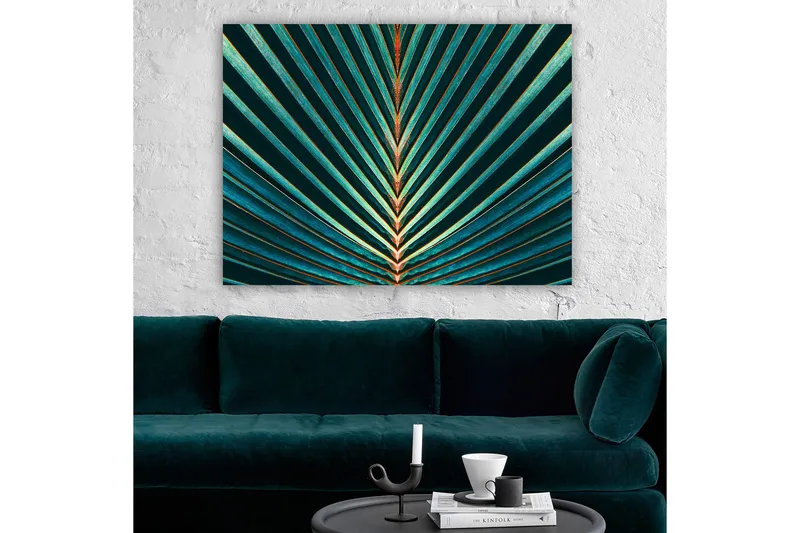 Lerretsbilde 70x100 cm - Abstrakt komposisjon av palmeblader med klare linjer og symmetri - Mørkegrønn / Turkis / Oransje - Innredning - Bilder & kunst - Lerretsbilder