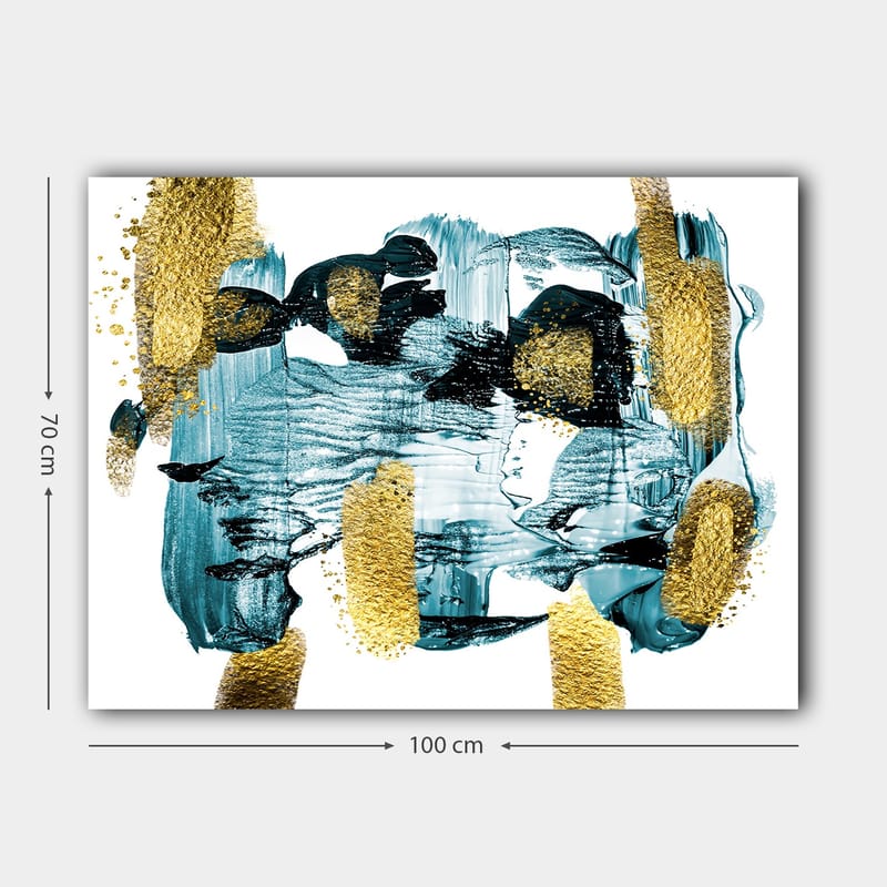 Lerretsbilde 70x100 cm - Abstrakt komposisjon med blå og gullelementer som skaper en dynamisk følelse - Mørk blå / Gull / Lys blå - Innredning - Bilder & kunst - Lerretsbilder