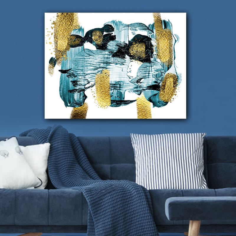 Lerretsbilde 70x100 cm - Abstrakt komposisjon med blå og gullelementer som skaper en dynamisk følelse - Mørk blå / Gull / Lys blå - Innredning - Bilder & kunst - Lerretsbilder